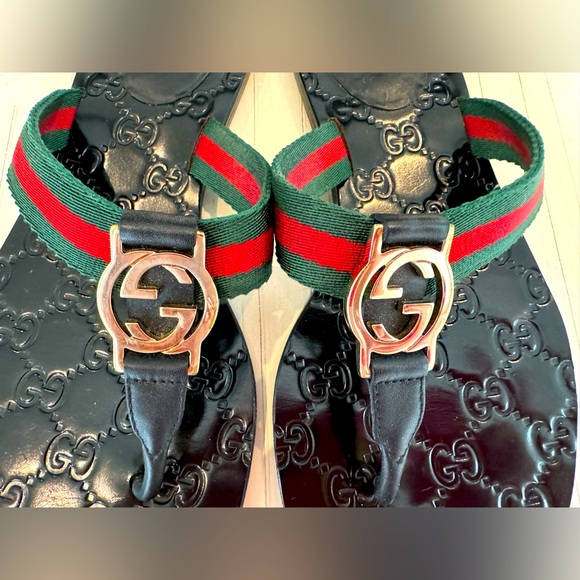 Authentic GUCCI Guccissima Web Thong Sandals Size 38/7.5 in Green Red Black - Picture 9 of 12